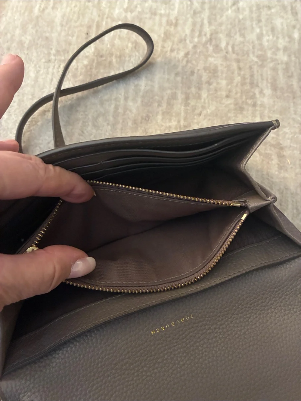 Tory Burch Brown Pebbled Leather Crossbody Wallet